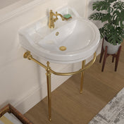Console Sink with Semi-Circular Bowl and Front Towel Bar in White/Polished Brass