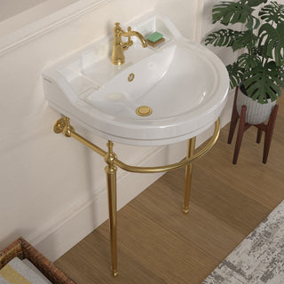 Console Sink with Semi-Circular Bowl and Front Towel Bar in White/Polished Brass