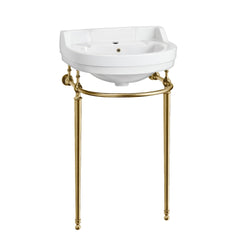 Console Sink with Semi-Circular Bowl and Front Towel Bar in White/Polished Brass