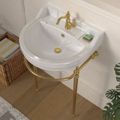 Console Sink with Semi-Circular Bowl and Front Towel Bar in White/Polished Brass