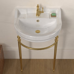 Console Sink with Semi-Circular Bowl and Front Towel Bar in White/Polished Brass