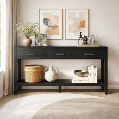 Console Table, 3-Drawer with Shelf, Black Pine and Manufactured Wood