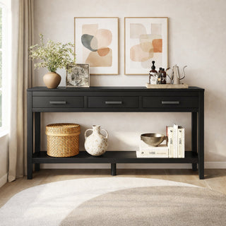 Console Table, 3-Drawer with Shelf, Black Pine and Manufactured Wood