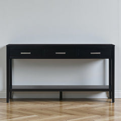 Console Table, 3-Drawer with Shelf, Black Pine and Manufactured Wood