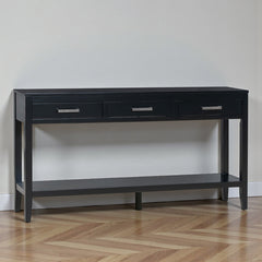 Console Table, 3-Drawer with Shelf, Black Pine and Manufactured Wood