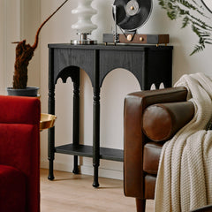 Console Table, 31.5 in Wide, Black Solid Wood with Scalloped Edges