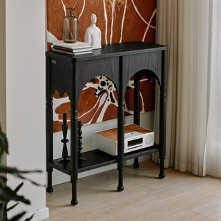 Console Table, 31.5 in Wide, Black Solid Wood with Scalloped Edges