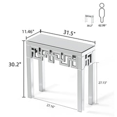 Console Table, 31.5 in Wide, Silver Mirrored Glass with Silver Base
