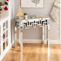 Console Table, 31.5 in Wide, Silver Mirrored Glass with Silver Base
