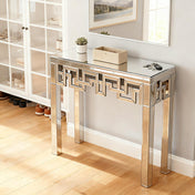 Console Table, 31.5 in Wide, Silver Mirrored Glass with Silver Base