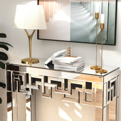 Console Table, 31.5 in Wide, Silver Mirrored Glass with Silver Base
