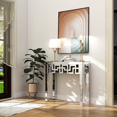 Console Table, 31.5 in Wide, Silver Mirrored Glass with Silver Base