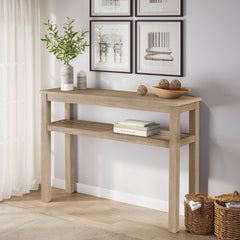 Console Table, 43 in Solid Acacia Wood with Two Shelves in Drifted Sand