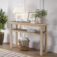 Console Table, 43 in Solid Acacia Wood with Two Shelves in Drifted Sand