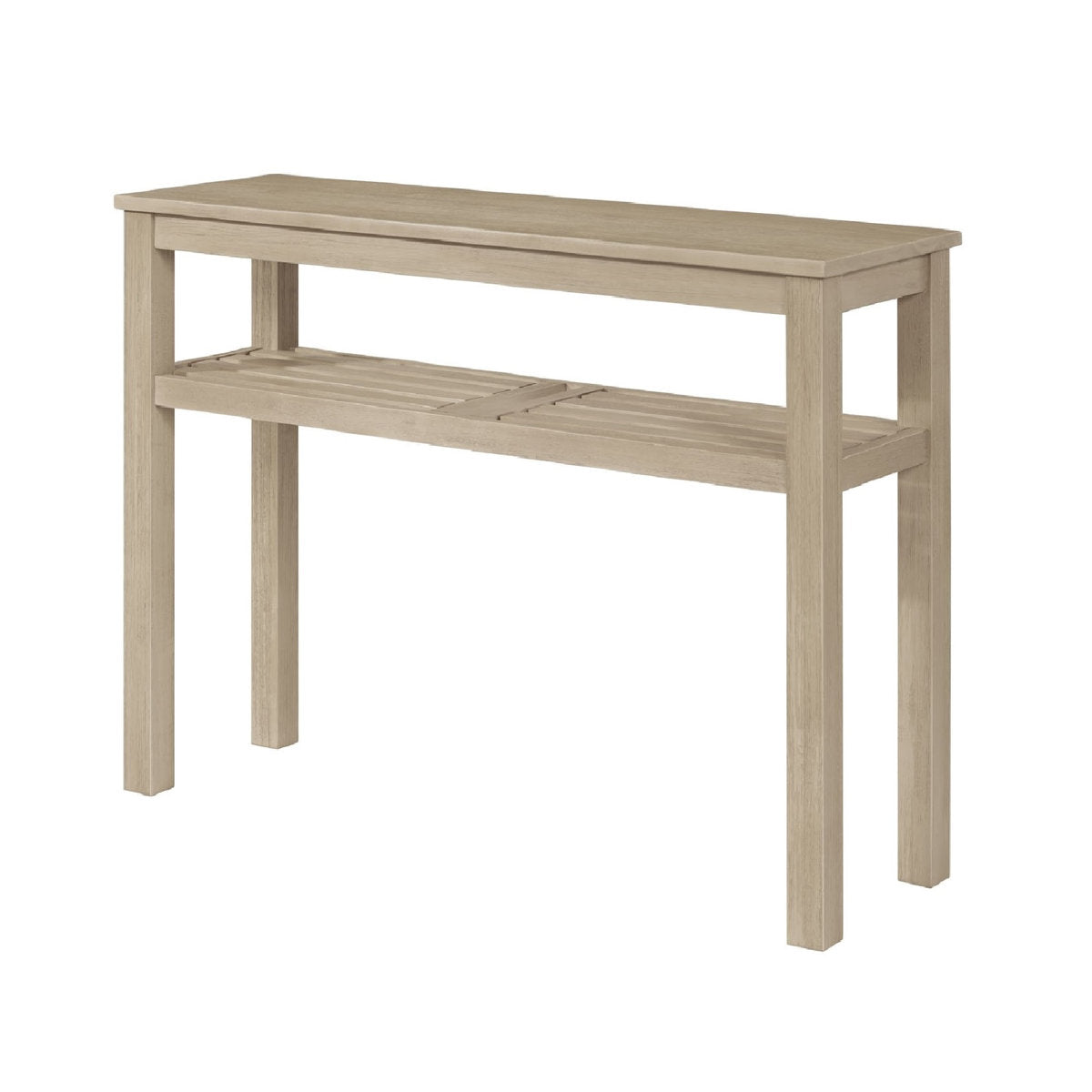 Console Table, 43 in Solid Acacia Wood with Two Shelves in Drifted Sand