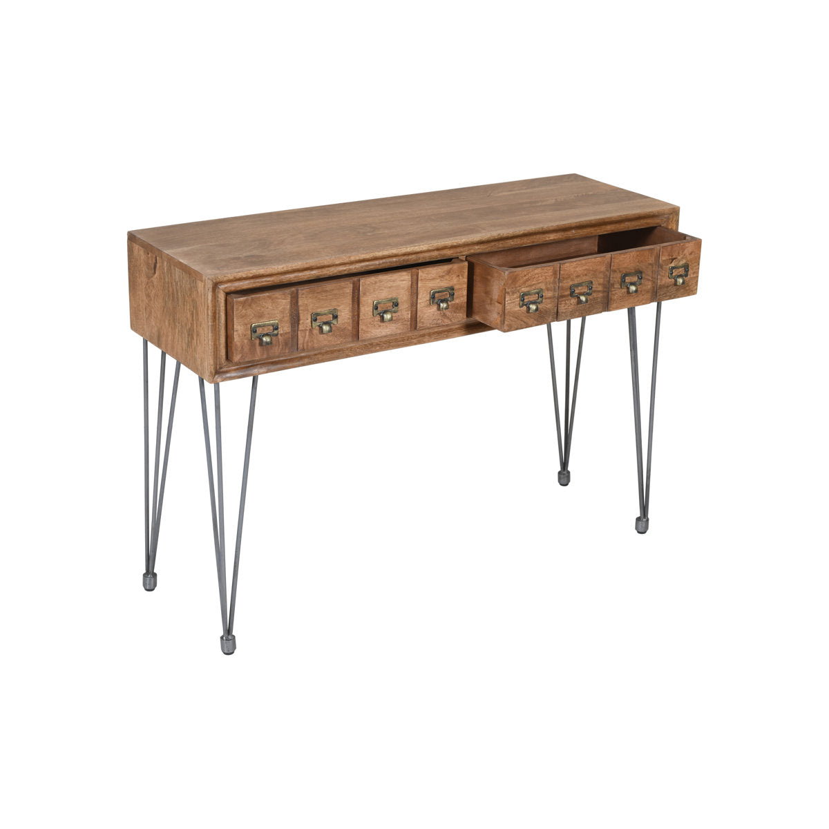 Console Table, 46 in Wide, Medium Brown Wood Top with Gray Iron Base