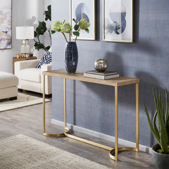 Console Table, 47.2 in W, Natural Wood Top with Gold Metal Base