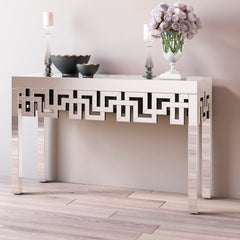 Console Table, 48 in Silver Mirrored Glass Top with Clear Glass Base