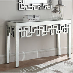 Console Table, 48 in Silver Mirrored Glass Top with Clear Glass Base