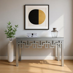 Console Table, 48 in Silver Mirrored Glass Top with Clear Glass Base