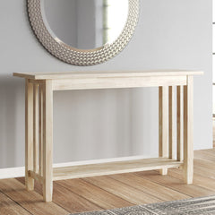 Console Table, 48 in Wide, Unfinished Solid Rubberwood with Lower Shelf
