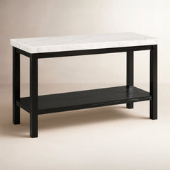Console Table, 48 in Wide, White Marble Top with Black Wood Base
