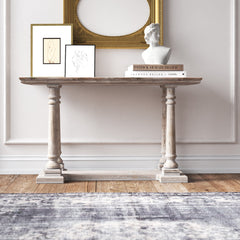 Console Table, 52 in Wide, Light Brown Washed Finish with Fluted Top