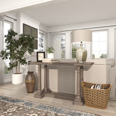 Console Table, 52 in Wide, Light Brown Washed Finish with Fluted Top