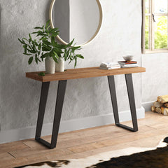 Console Table, 55 in Wide, Weathered Oak Wood Top with Black Metal Sled Legs