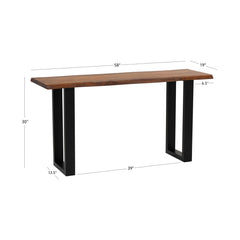 Console Table, 58 in Wide, Brown Solid Wood with Dark Iron Base