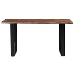 Console Table, 58 in Wide, Brown Solid Wood with Dark Iron Base