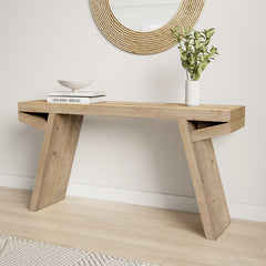 Console Table, 58 Inch Wide, Natural Wood with Trestle Base