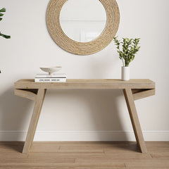Console Table, 58 Inch Wide, Natural Wood with Trestle Base