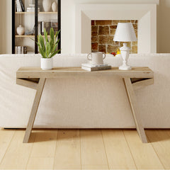 Console Table, 58 Inch Wide, Natural Wood with Trestle Base