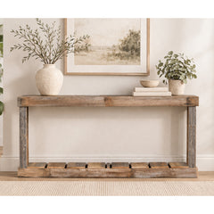 Console Table, 60 in Wide, Natural Solid Wood with Beige Base