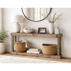 Console Table, 60 in Wide, Natural Solid Wood with Beige Base
