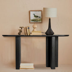 Console Table, 63 in Long, Black Solid Wood Top and Base