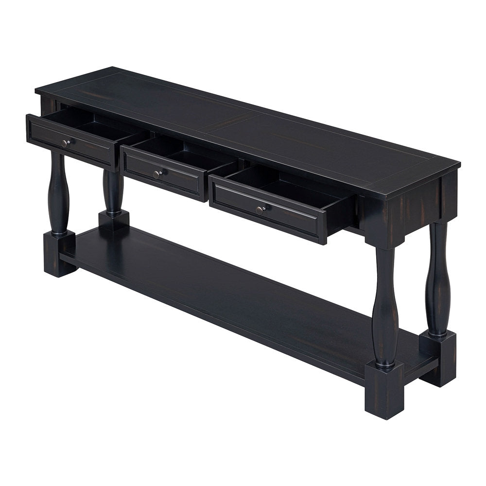 Console Table, 63 in Long, Solid Wood with Three Drawers