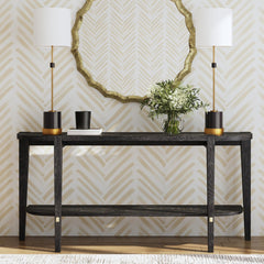 Console Table, 64 in Wide, Black Rubberwood and Oak with Brushed Gold Bars
