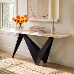Console Table, 68 in Wide, Natural Oak Top with Black Iron Base