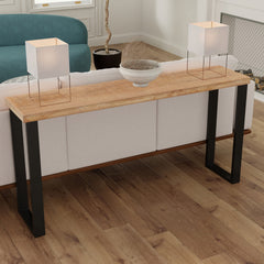 Console Table, 70 in Wide Solid Mango Wood in Natural with Black Iron Sled Base