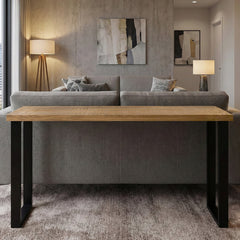 Console Table, 70 in Wide Solid Mango Wood in Natural with Black Iron Sled Base