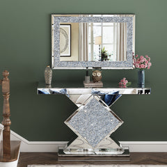 Console Table and Mirror Set, 2-Piece, Silver Mirrored Glass with Silver Base