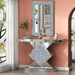 Console Table and Mirror Set, 2-Piece, Silver Mirrored Glass with Silver Base