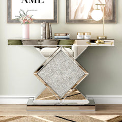 Console Table and Mirror Set, 2-Piece, Silver Mirrored Glass with Silver Base