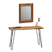 Console Table and Mirror Set in Solid Acacia Wood with Metal Legs, Brown