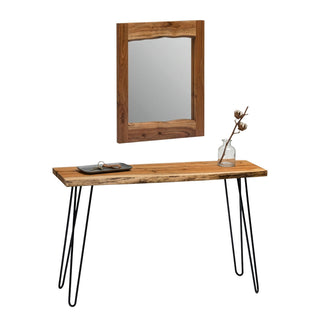Console Table and Mirror Set in Solid Acacia Wood with Metal Legs, Brown