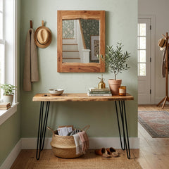 Console Table and Mirror Set in Solid Acacia Wood with Metal Legs, Brown