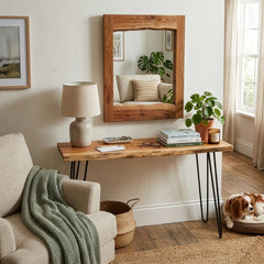 Console Table and Mirror Set in Solid Acacia Wood with Metal Legs, Brown