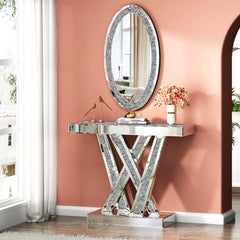 Console Table and Oval Wall Mirror Set in Silver Mirrored Glass